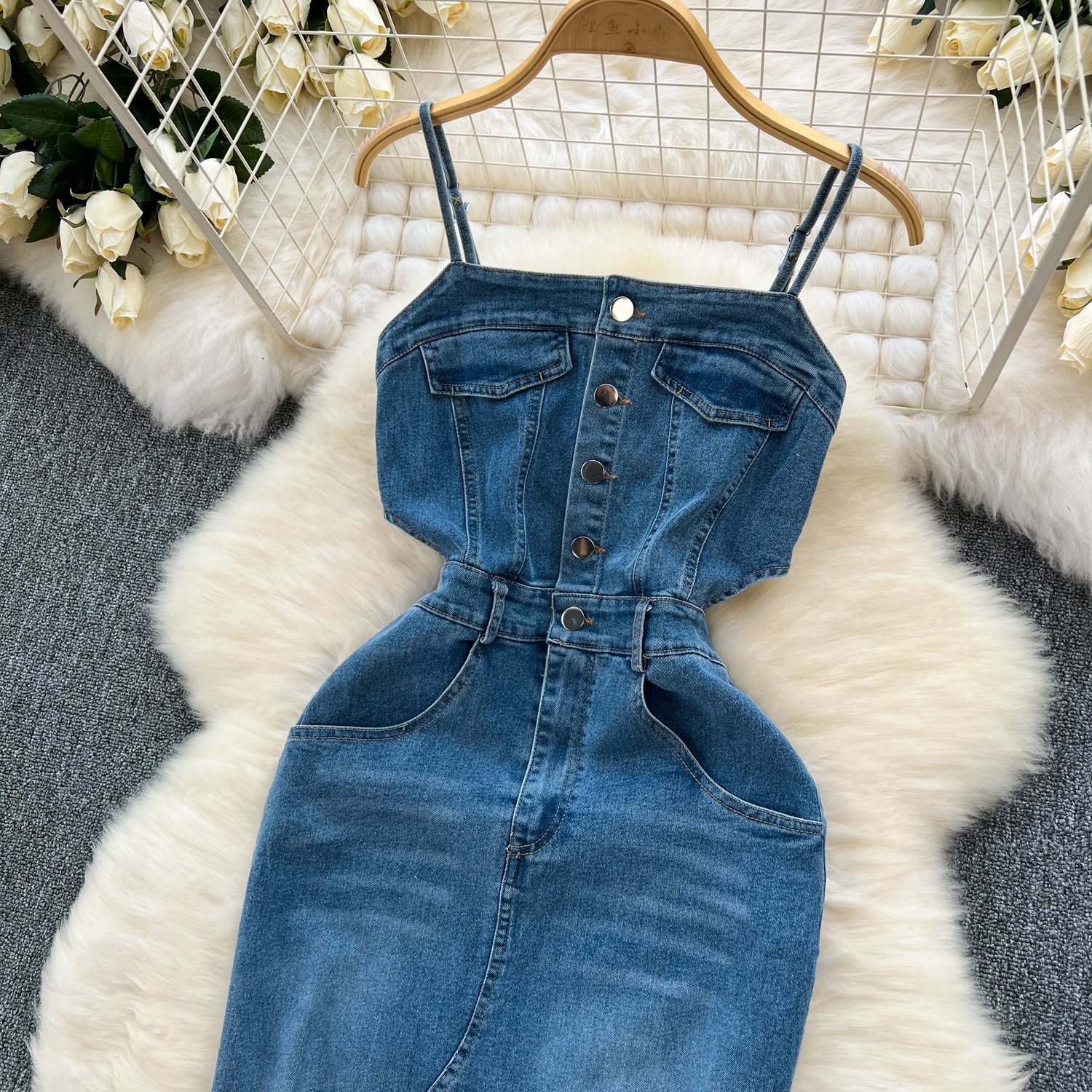 2024 Casual Dress Women High Waist Midi Sheath Dress Ladies Elegant Dresses Clothes Spring Denim Vintage Woven