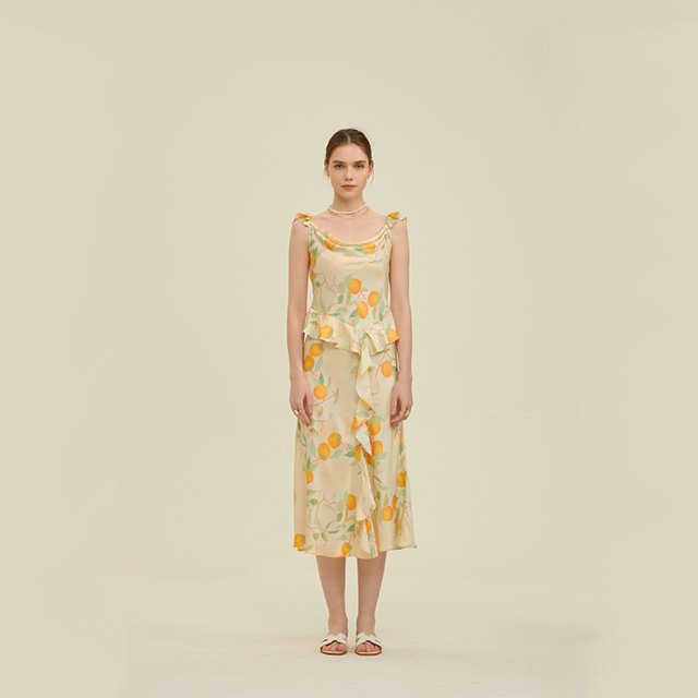 Cowl neckline flounce fishtail dress lemon print silk viscose mixed casual dress elegant and beautiful