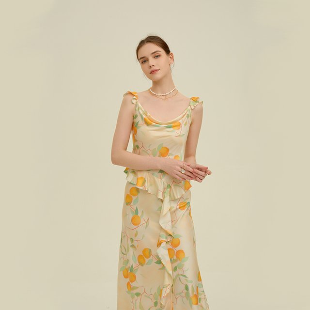 Cowl neckline flounce fishtail dress lemon print silk viscose mixed casual dress elegant and beautiful