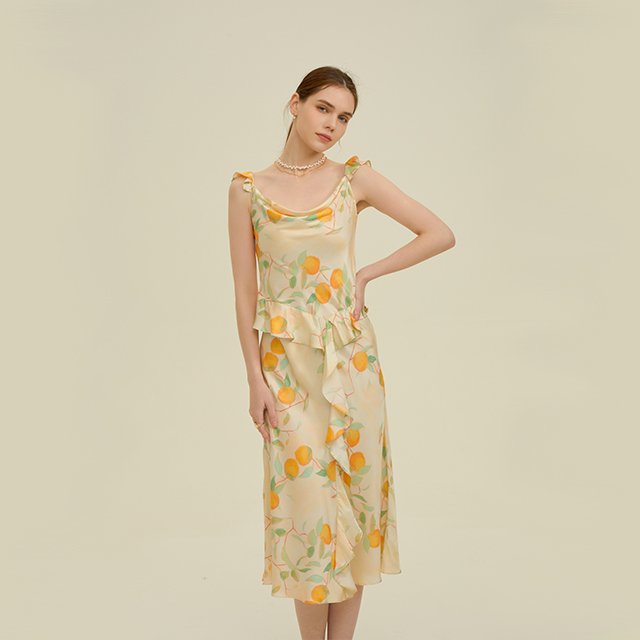 Cowl neckline flounce fishtail dress lemon print silk viscose mixed casual dress elegant and beautiful