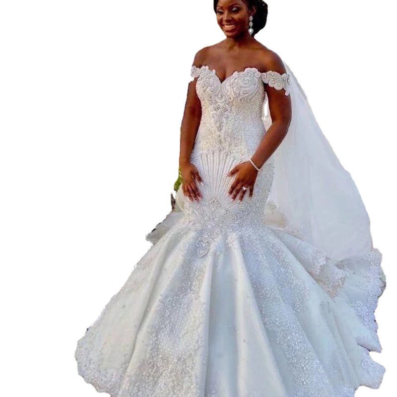 2378 African Luxury Off Shoulder Wedding Gown Lace Beading Appliques Pearls Bridal Mermaid Wedding Dress