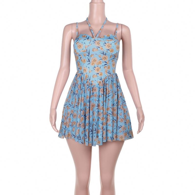K058 Custom fashion spaghetti strap girl's summer halter neck dress 2024 new arrivals women floral casual dress