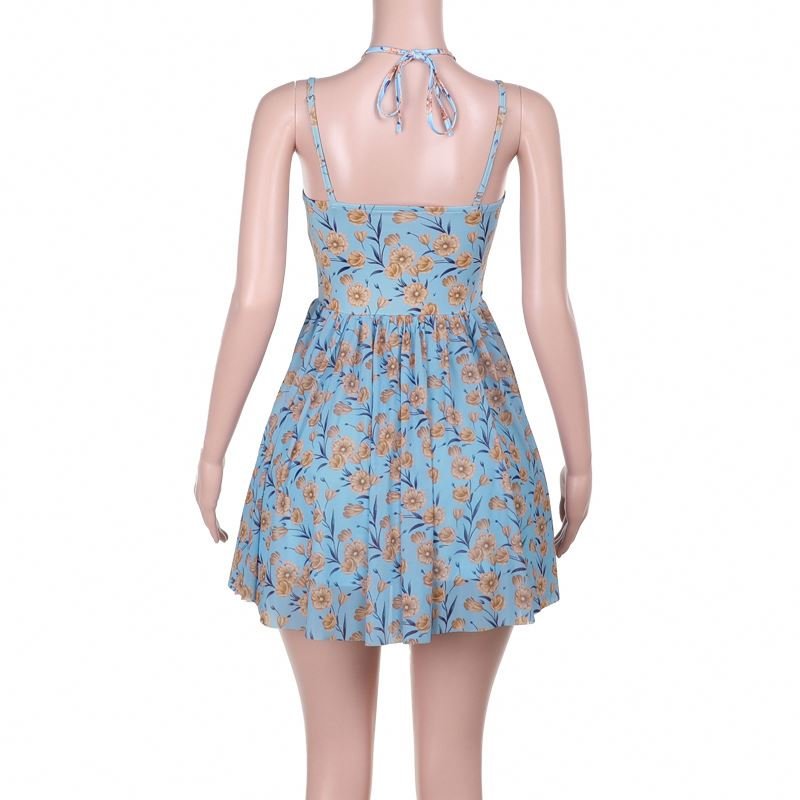 K058 Custom fashion spaghetti strap girl's summer halter neck dress 2024 new arrivals women floral casual dress