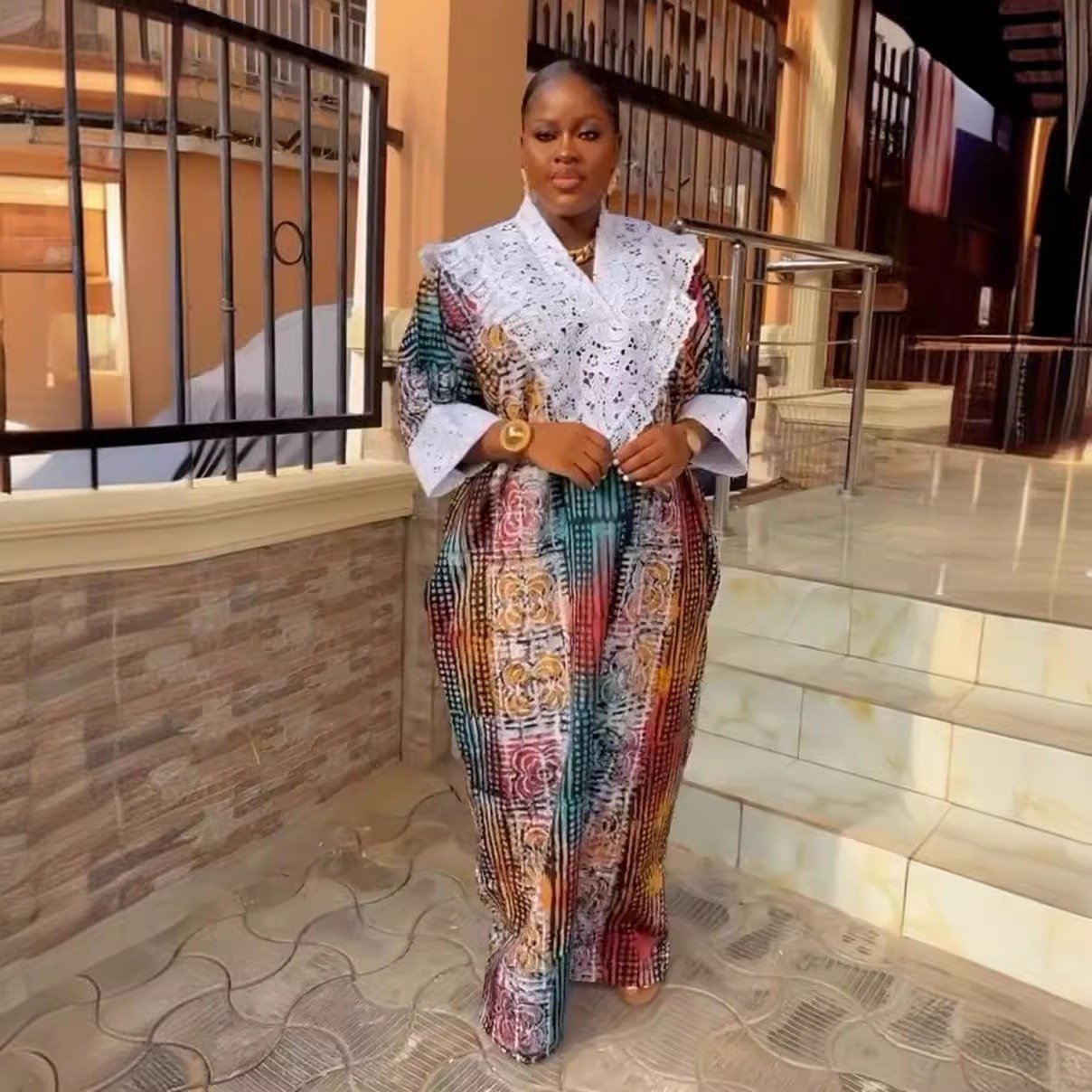 Latest African Muslim Elegant Casual Dress Printed Floral Lace V Neck Long Maxi Robe For Women K0535