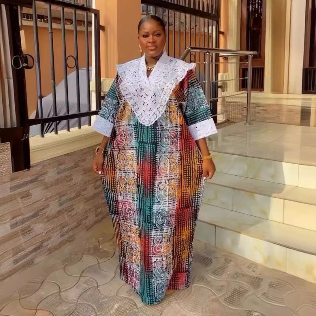 Latest African Muslim Elegant Casual Dress Printed Floral Lace V Neck Long Maxi Robe For Women K0535