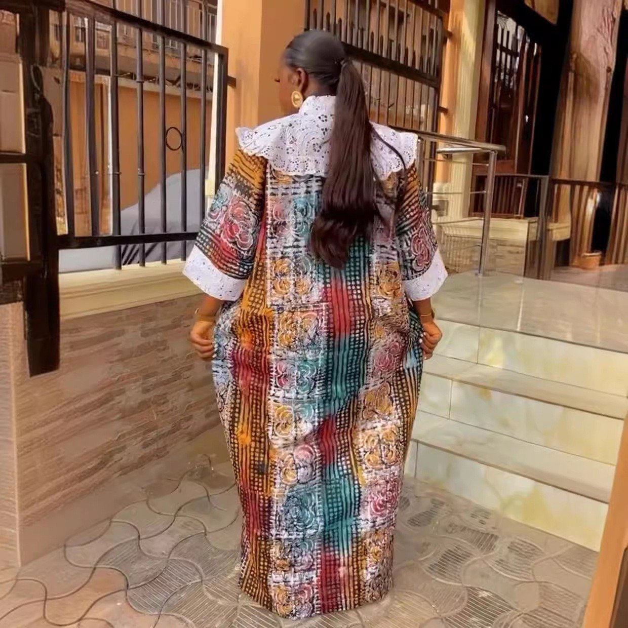 Latest African Muslim Elegant Casual Dress Printed Floral Lace V Neck Long Maxi Robe For Women K0535