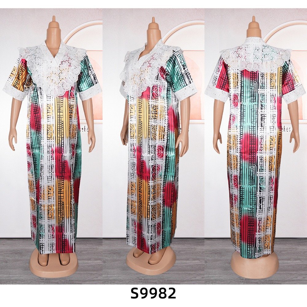 Latest African Muslim Elegant Casual Dress Printed Floral Lace V Neck Long Maxi Robe For Women K0535