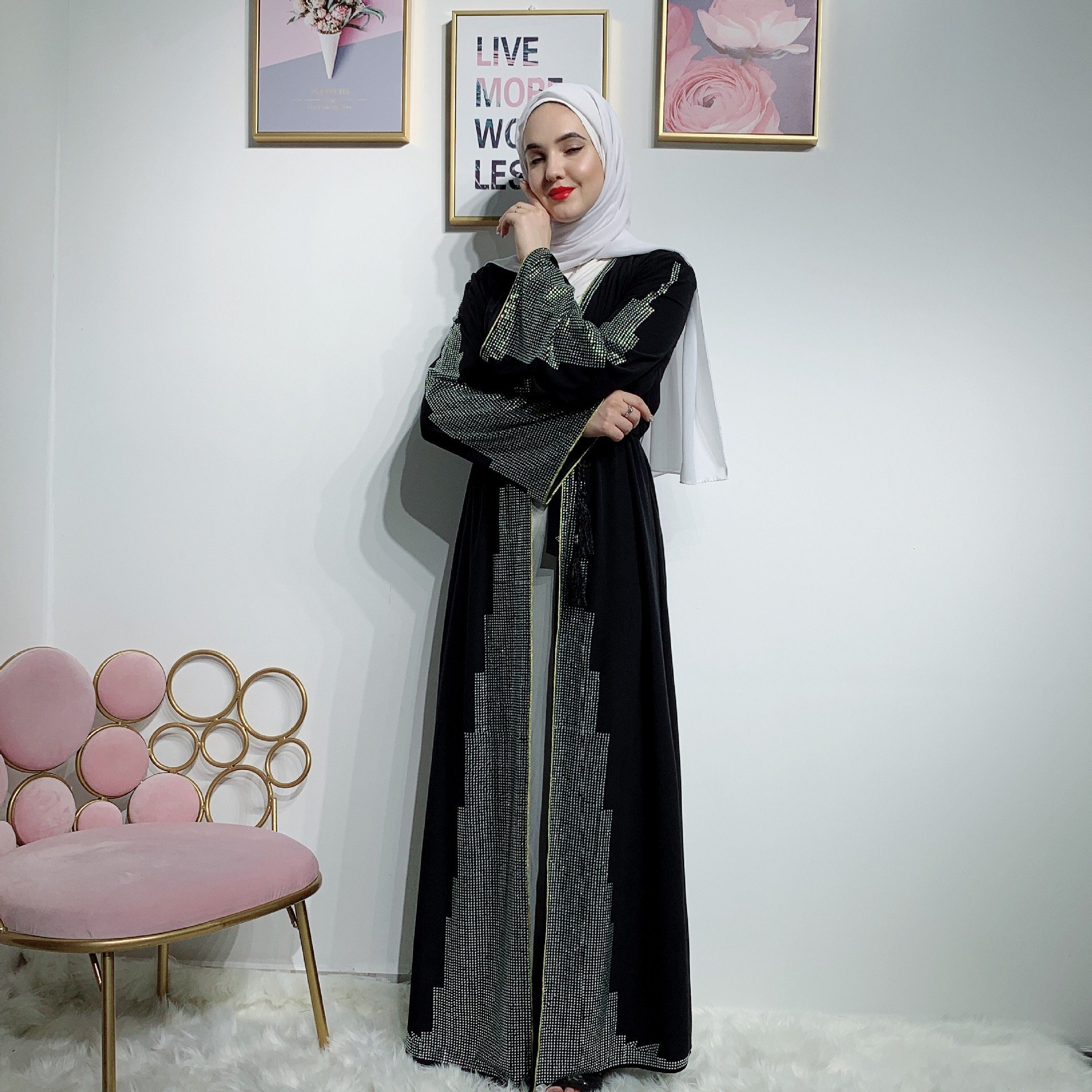 Dubai Fashion Women Muslim Floral Printing Long-sleeve Corset Casual Dress Islamic Ladies Flower Abaya Cardigan