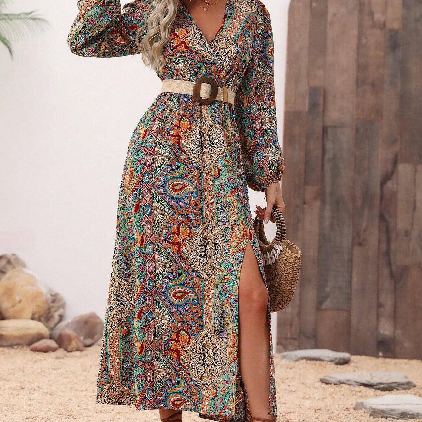 New Design Elegant Casual Custom Long Sleeve V-Neck Maxi Bohemian Dress For Women