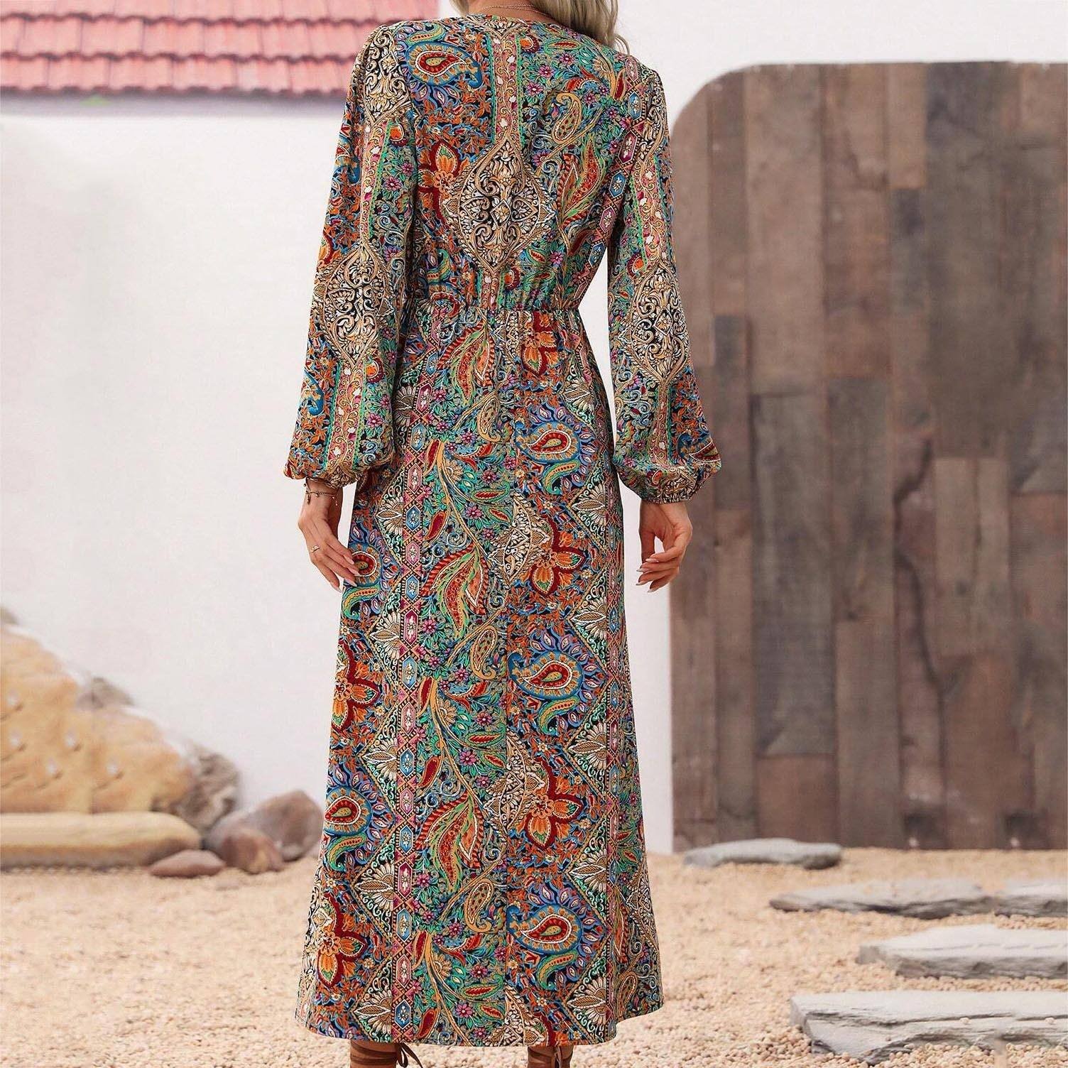 New Design Elegant Casual Custom Long Sleeve V-Neck Maxi Bohemian Dress For Women