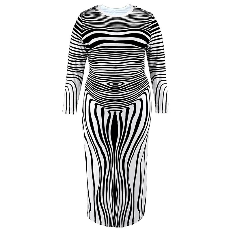 trending products 2024 new arrivals plus size women's clothing Irregular striped pattern long sleeve maxi dress