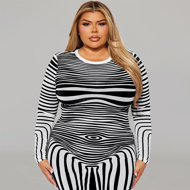 trending products 2024 new arrivals plus size women's clothing Irregular striped pattern long sleeve maxi dress