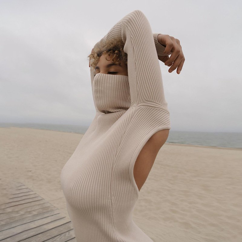 New Design Long Sleeve Knit Women Fashion Long Backless High Neck Long Sleeve Dresses