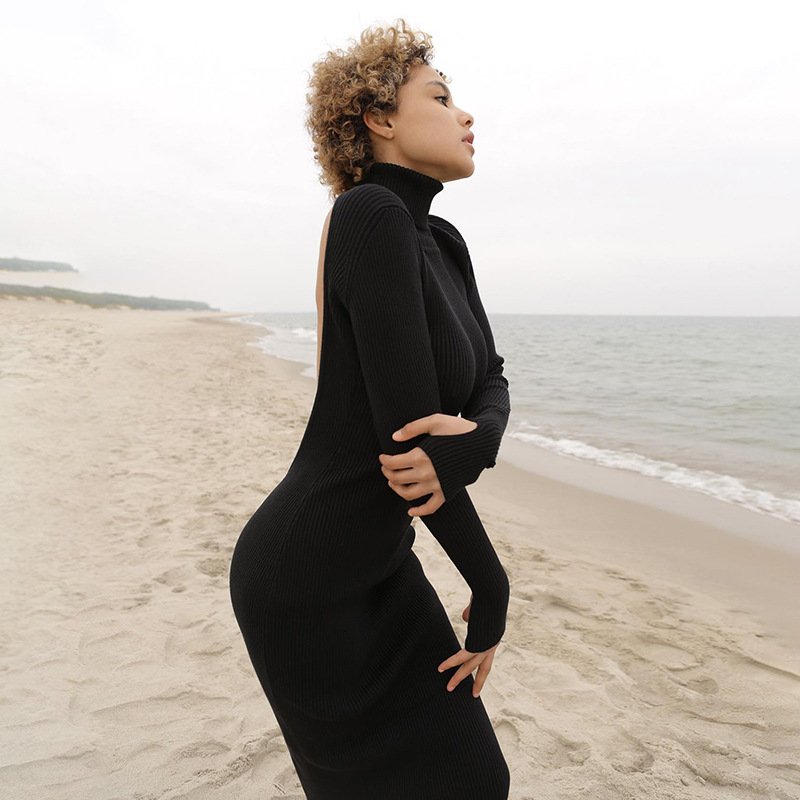 New Design Long Sleeve Knit Women Fashion Long Backless High Neck Long Sleeve Dresses