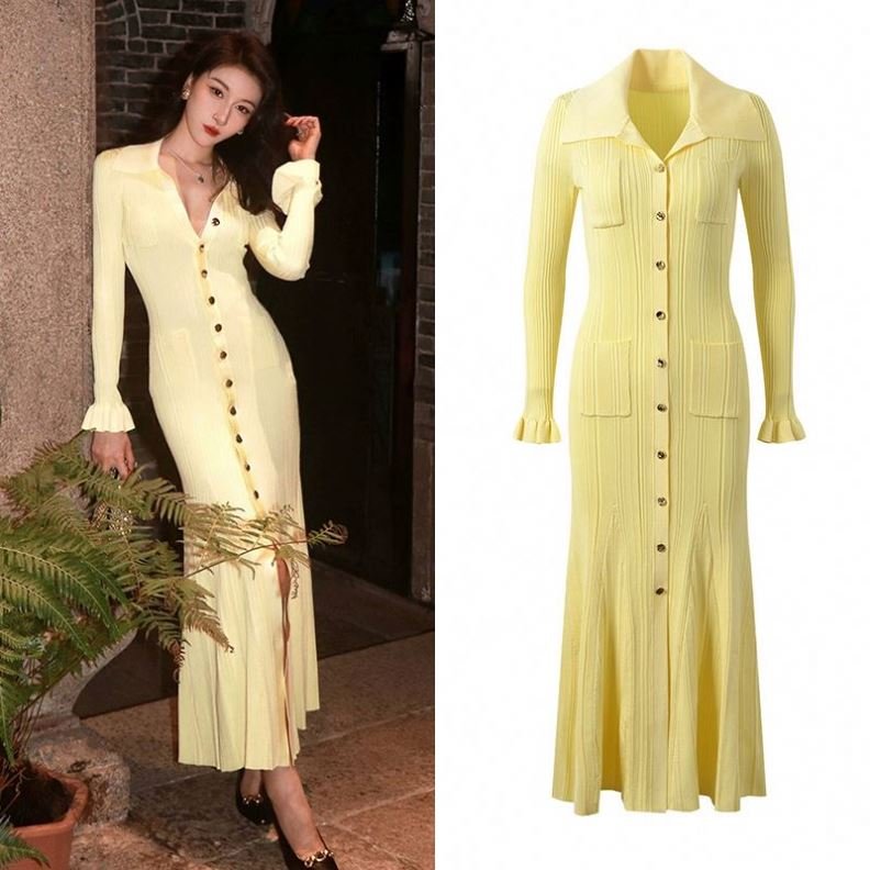 Polo Collar Yellow Slimming Knitted 2024 New Arrival Summer Women Traf Casual Elegant Sexy Evening Party Dress