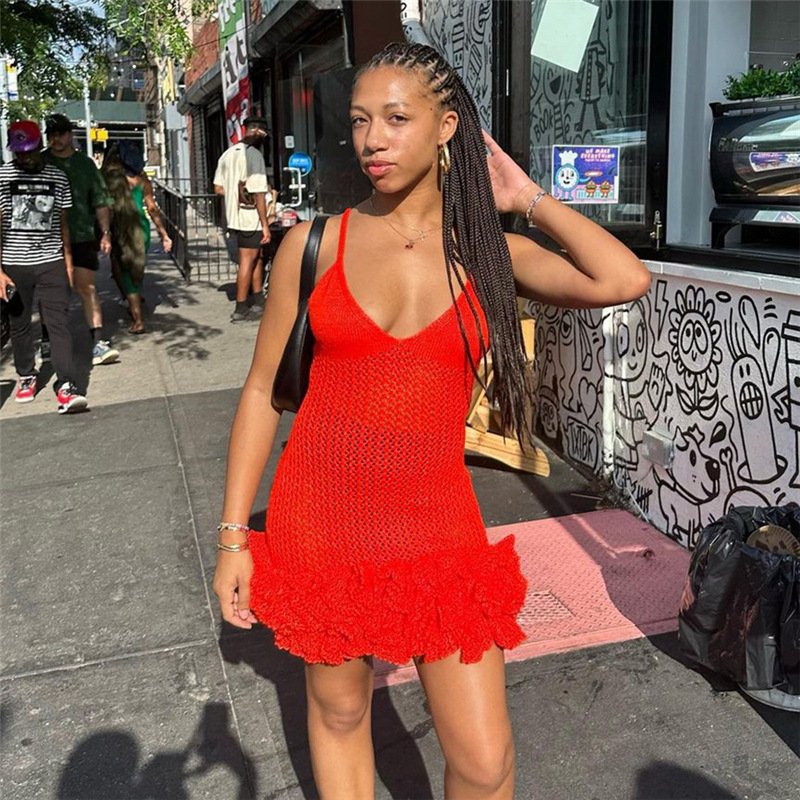 Sexy Ladies Crochet Summer Dress Fashion Backless Bodycon Dresses 2024 Spaghetti Strap Beach Crochet Dresses