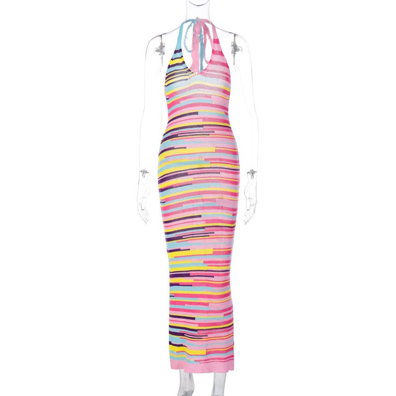 YCD3512746a New Summer Elegant Women's Knitted Dress Stripes Print V-neck Backless Lace-up Wool Maxi Dress Women Casual Wear