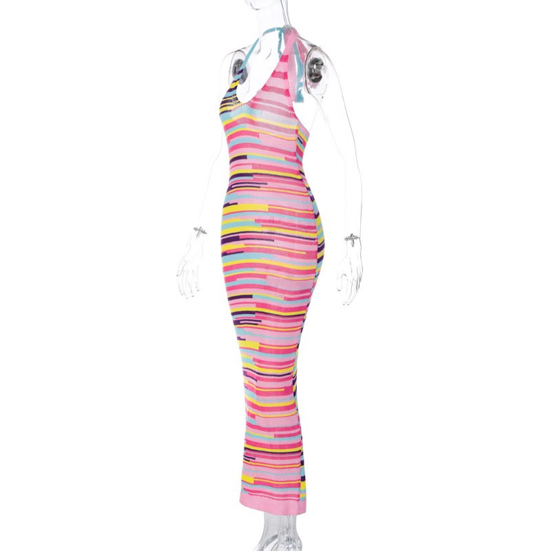 YCD3512746a New Summer Elegant Women's Knitted Dress Stripes Print V-neck Backless Lace-up Wool Maxi Dress Women Casual Wear
