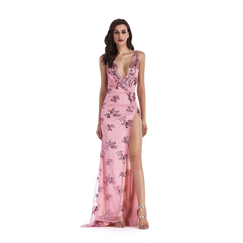 Luxury Robes Wholesale Latest Design Sequin Printing Deep V-Neck Sexy Elegant Woman Long Formal Dress