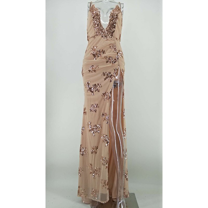 Luxury Robes Wholesale Latest Design Sequin Printing Deep V-Neck Sexy Elegant Woman Long Formal Dress