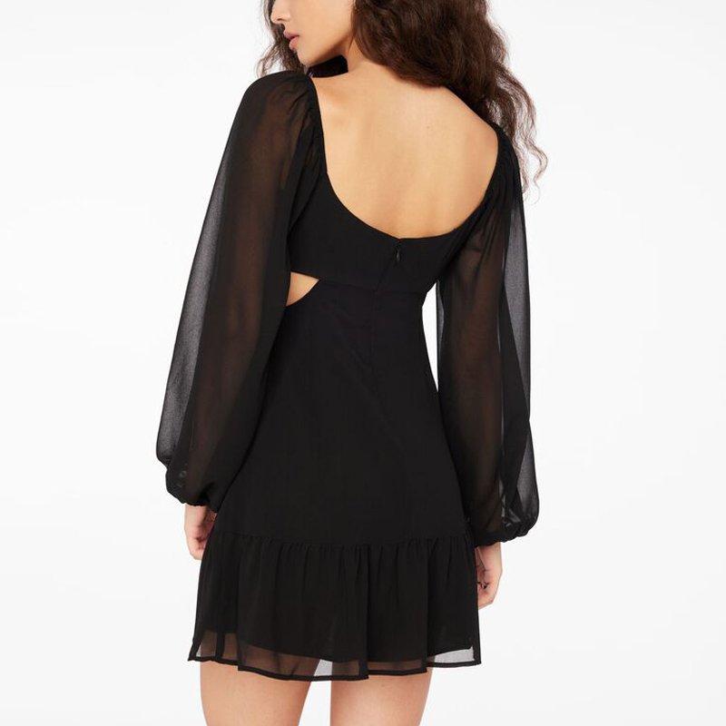 Custom Women Summer Long Sleeve Waist Hollow Cut Out Black Mini Ruffle Chiffon Dress For Ladies