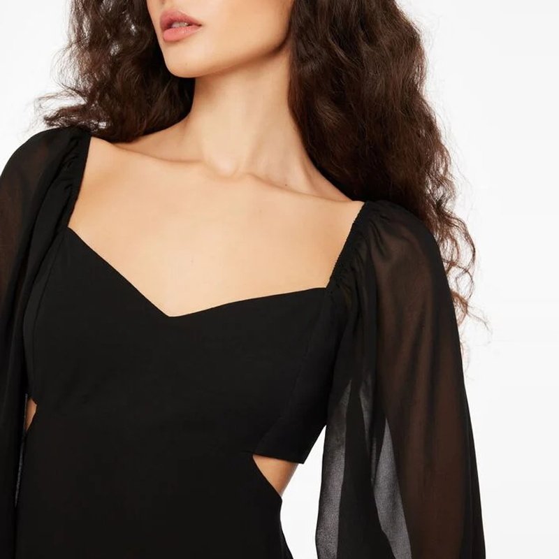 Custom Women Summer Long Sleeve Waist Hollow Cut Out Black Mini Ruffle Chiffon Dress For Ladies