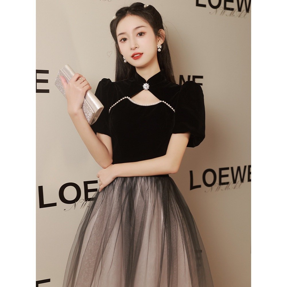 NNR Women Ladies Elegant prom Dresses Party Bead Evening Dress Black Casual Dress