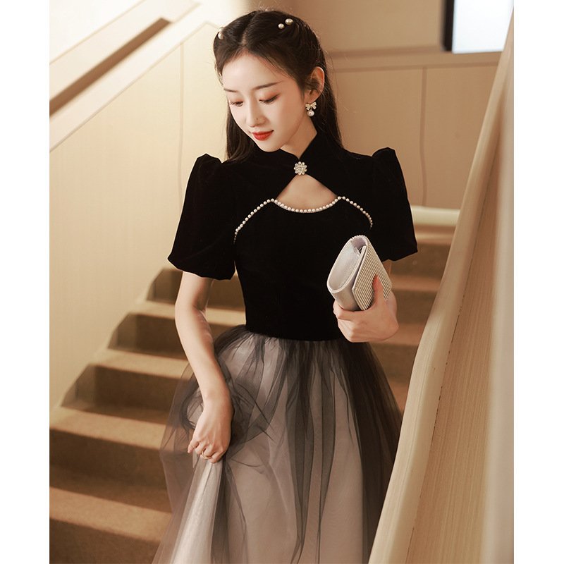 NNR Women Ladies Elegant prom Dresses Party Bead Evening Dress Black Casual Dress