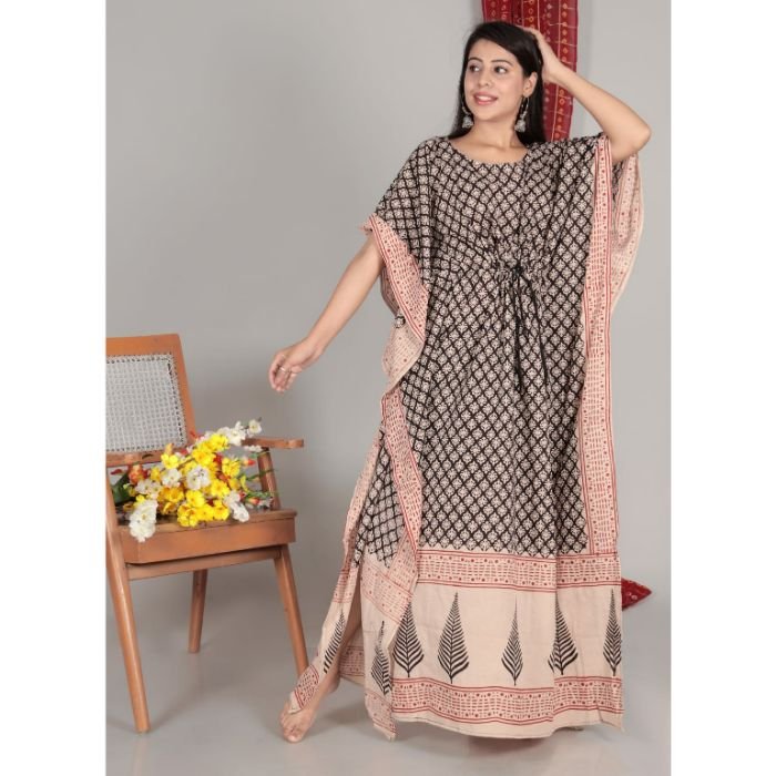 Cotton Kaftan Traditional Islamic Hand Block Print Embroidery Free Size Long Dress Kaftan for Muslim Women Casual Wear Dress