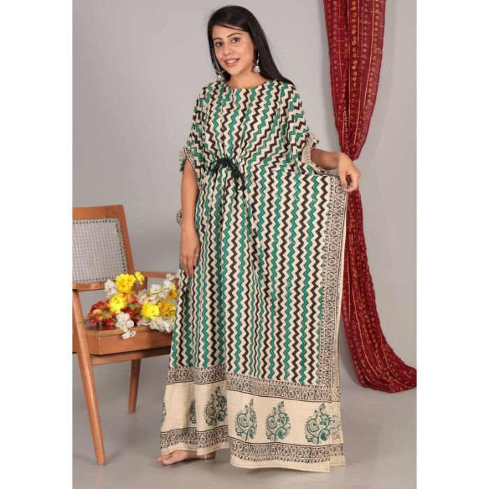 Cotton Kaftan Traditional Islamic Hand Block Print Embroidery Free Size Long Dress Kaftan for Muslim Women Casual Wear Dress