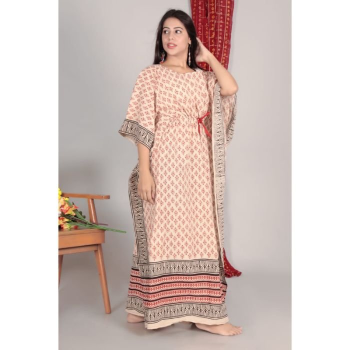 Cotton Kaftan Traditional Islamic Hand Block Print Embroidery Free Size Long Dress Kaftan for Muslim Women Casual Wear Dress