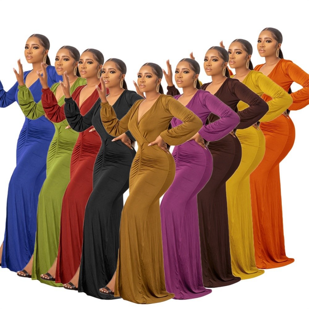 2024 new arrivals casual long-sleeved solid color women's dress long xxxl plus size women's dresses