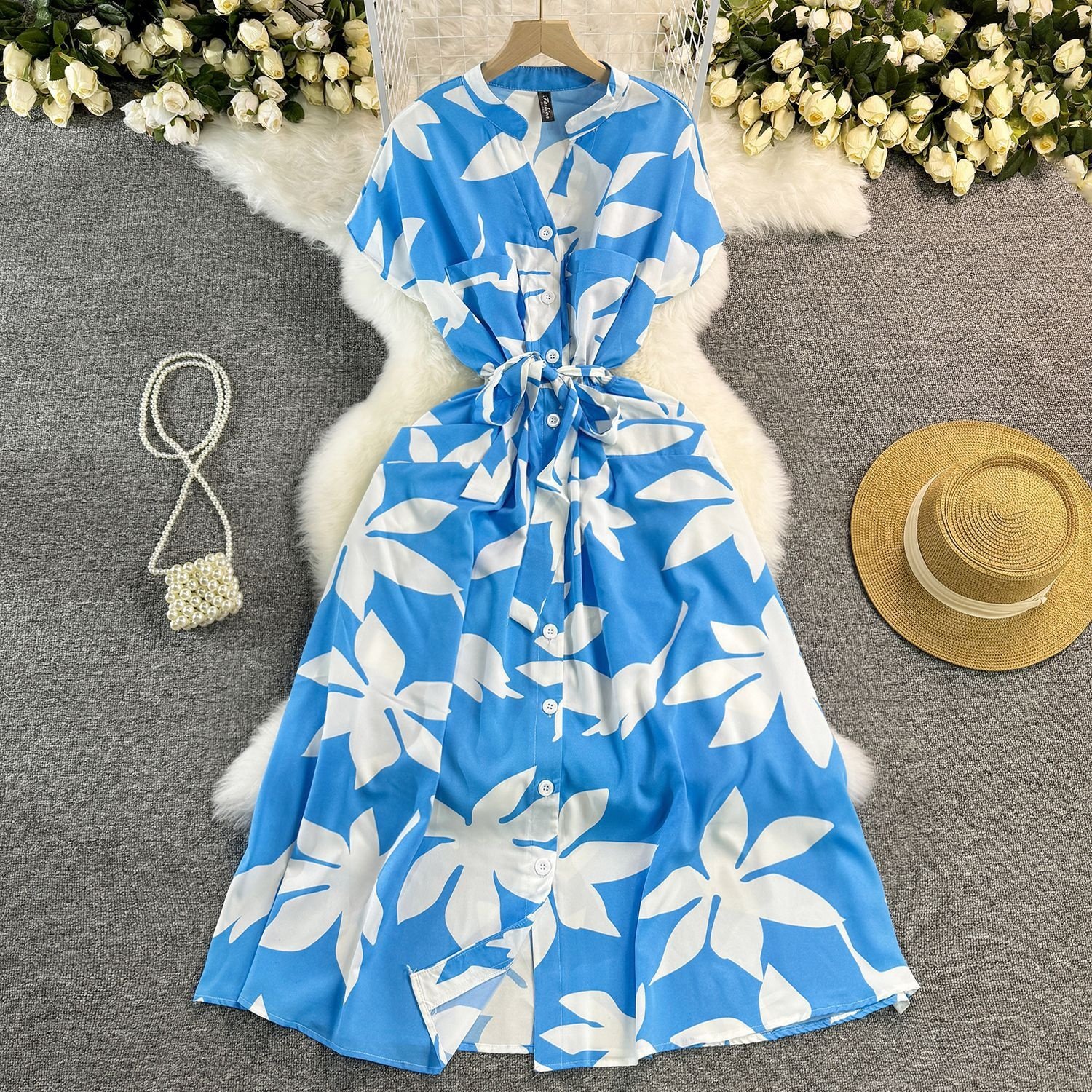 Stock Girls Dress Women's 2024 New Printed Tie Waist Mid-Length Knee Length Holiday Casual Dresses