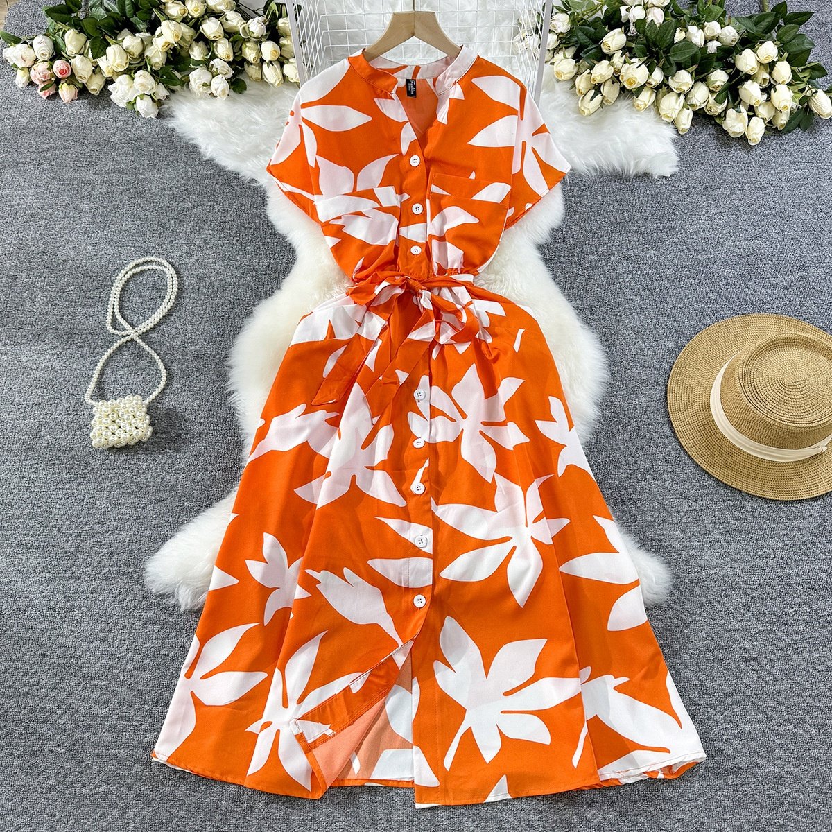 Stock Girls Dress Women's 2024 New Printed Tie Waist Mid-Length Knee Length Holiday Casual Dresses