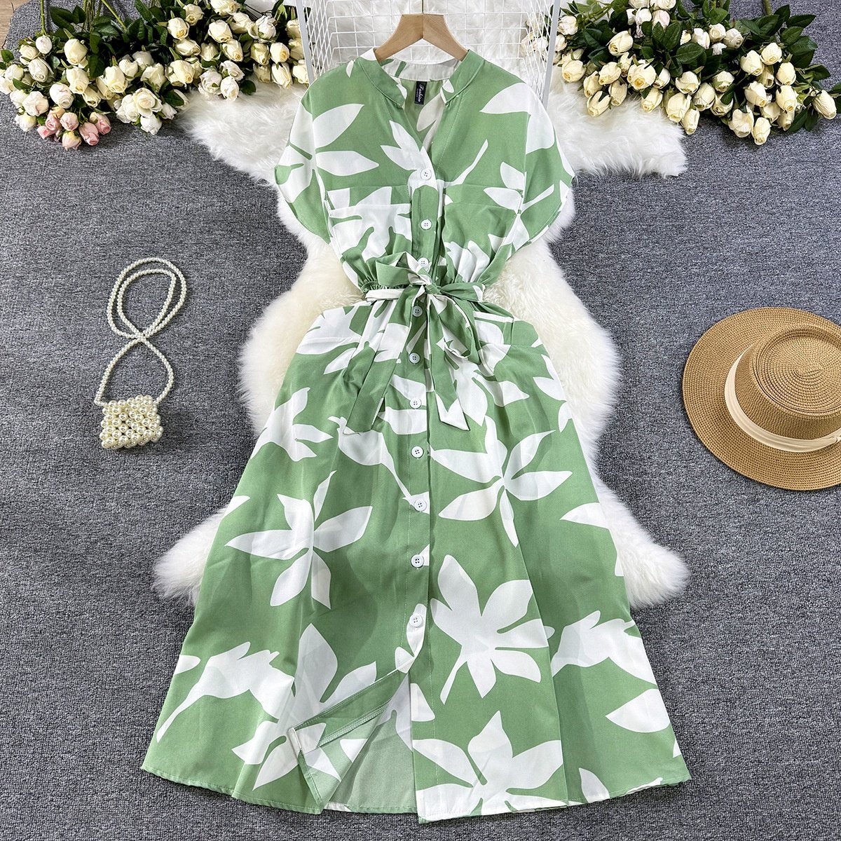 Stock Girls Dress Women's 2024 New Printed Tie Waist Mid-Length Knee Length Holiday Casual Dresses