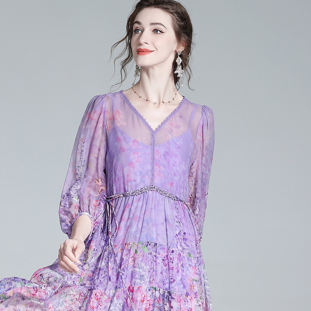 Hot Selling casual dresses elegante 100% true silk dress printed bubble sleeve dresses women purple