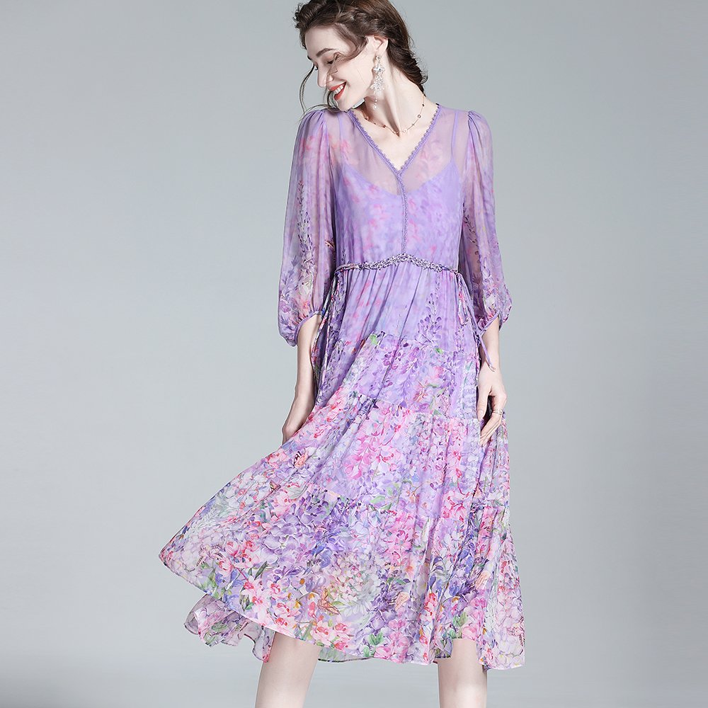 Hot Selling casual dresses elegante 100% true silk dress printed bubble sleeve dresses women purple