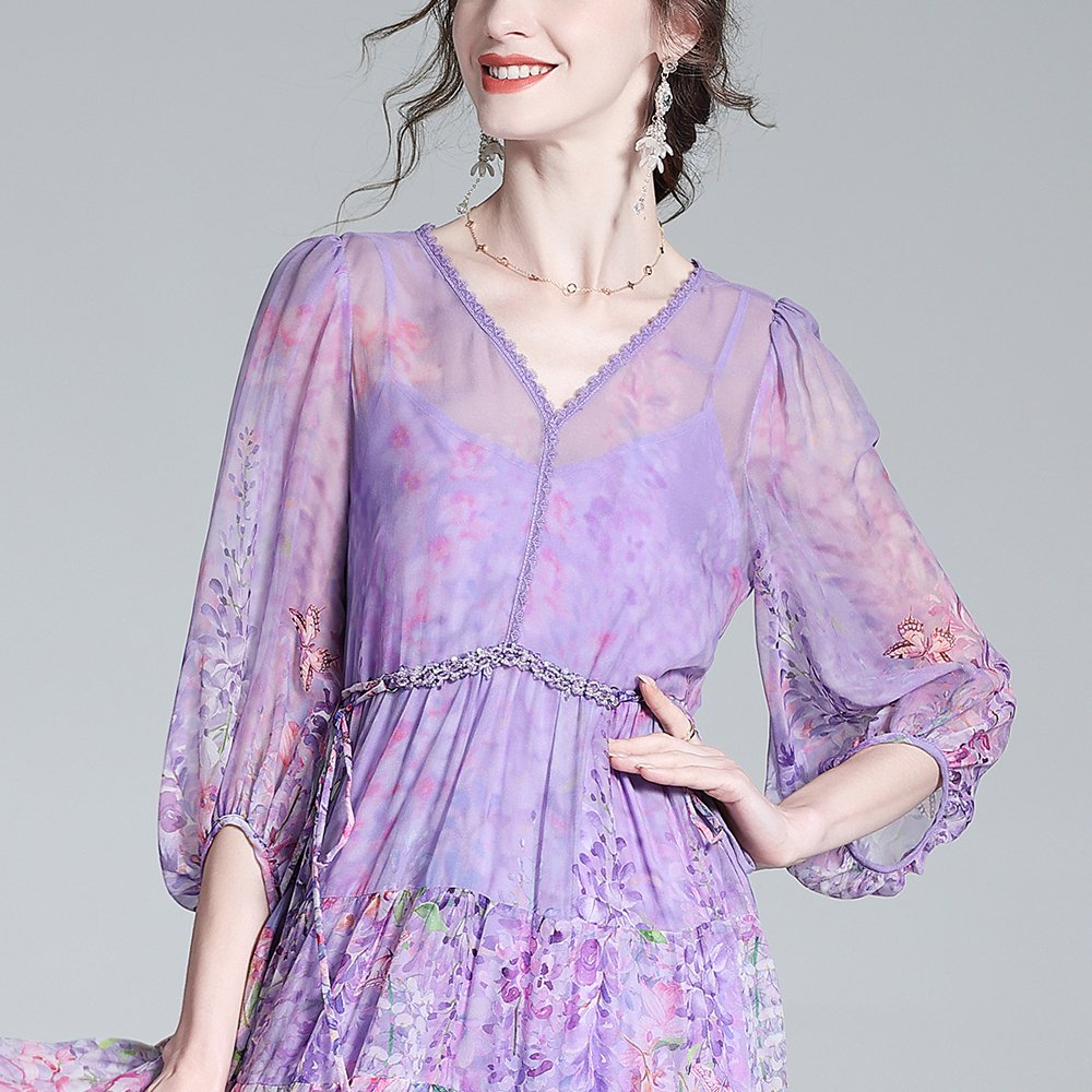 Hot Selling casual dresses elegante 100% true silk dress printed bubble sleeve dresses women purple