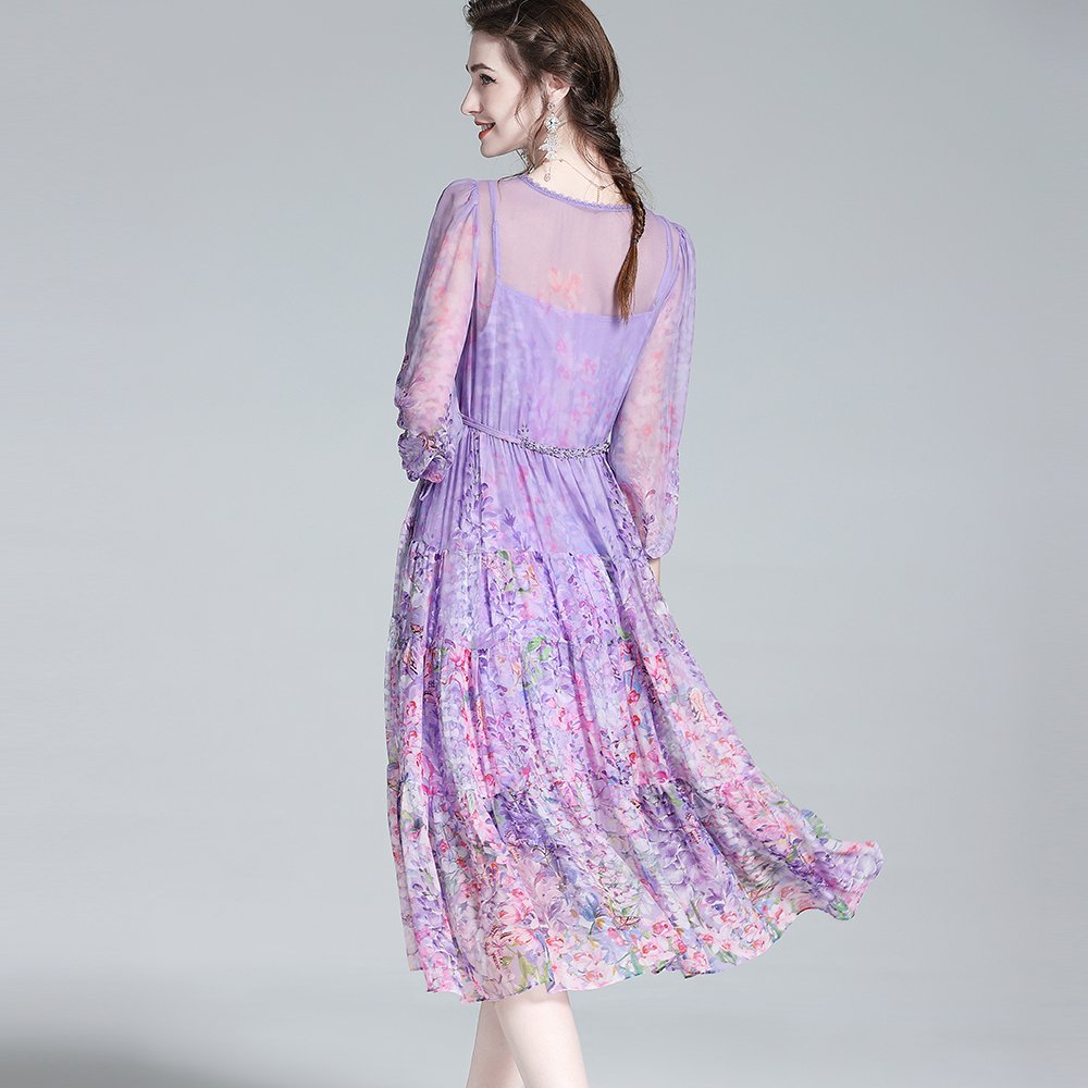 Hot Selling casual dresses elegante 100% true silk dress printed bubble sleeve dresses women purple
