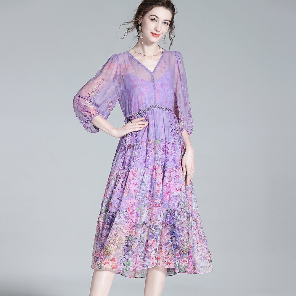 Hot Selling casual dresses elegante 100% true silk dress printed bubble sleeve dresses women purple