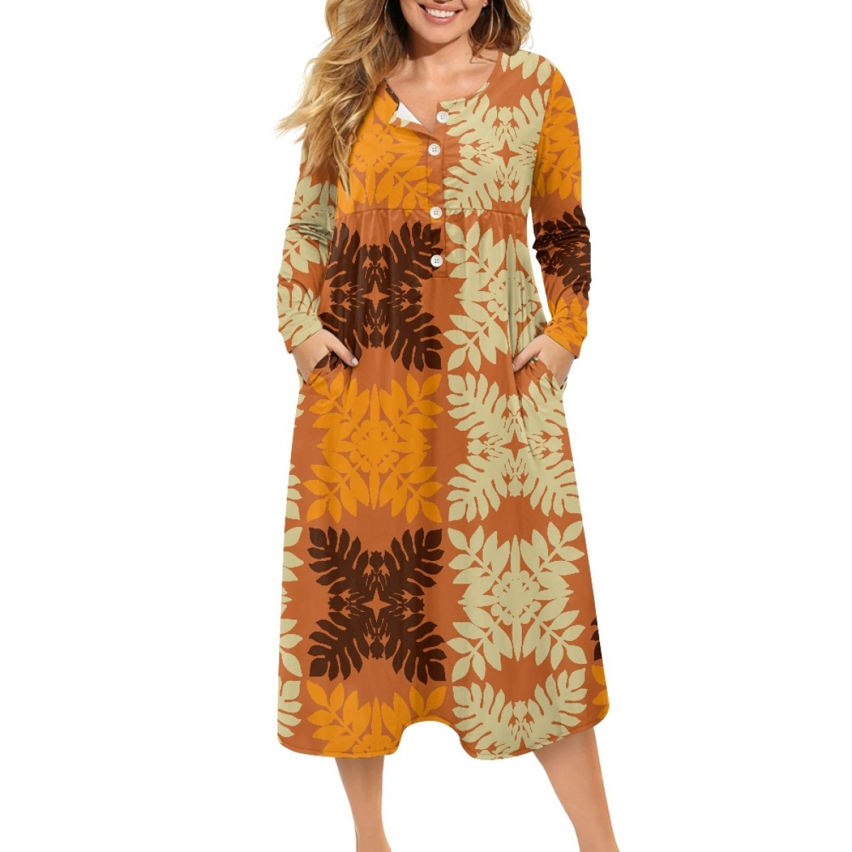 Print On Demand Elegant Casual Dress For Women Custom Hawaiian Fabrics Plus Size Loose Ladies V-Neck Button Dress