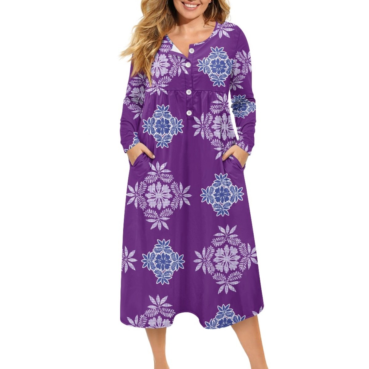 Print On Demand Elegant Casual Dress For Women Custom Hawaiian Fabrics Plus Size Loose Ladies V-Neck Button Dress