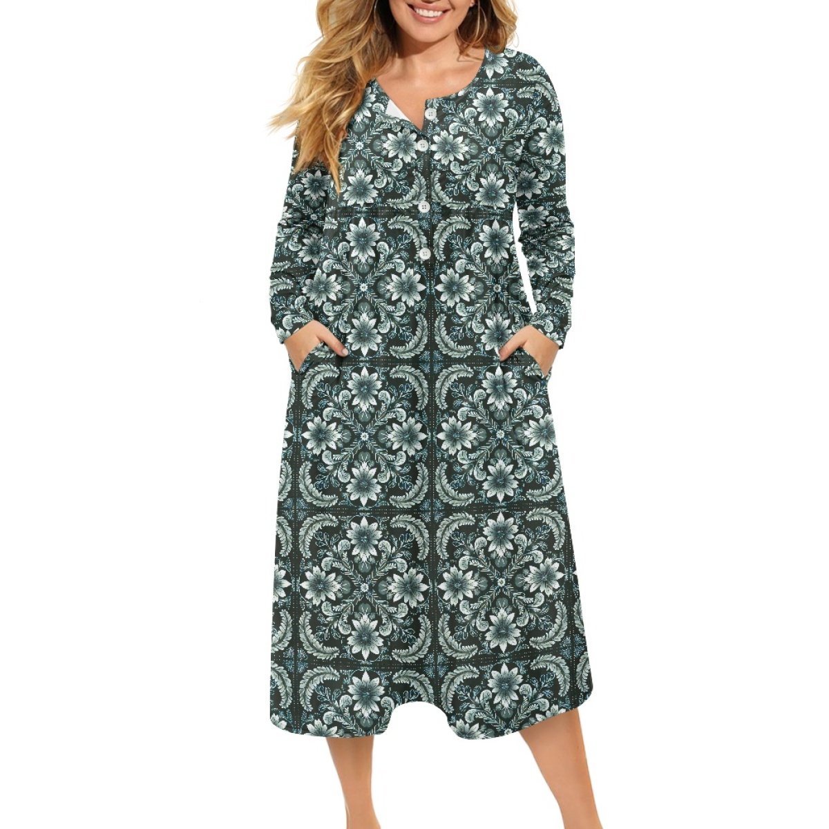 Print On Demand Elegant Casual Dress For Women Custom Hawaiian Fabrics Plus Size Loose Ladies V-Neck Button Dress