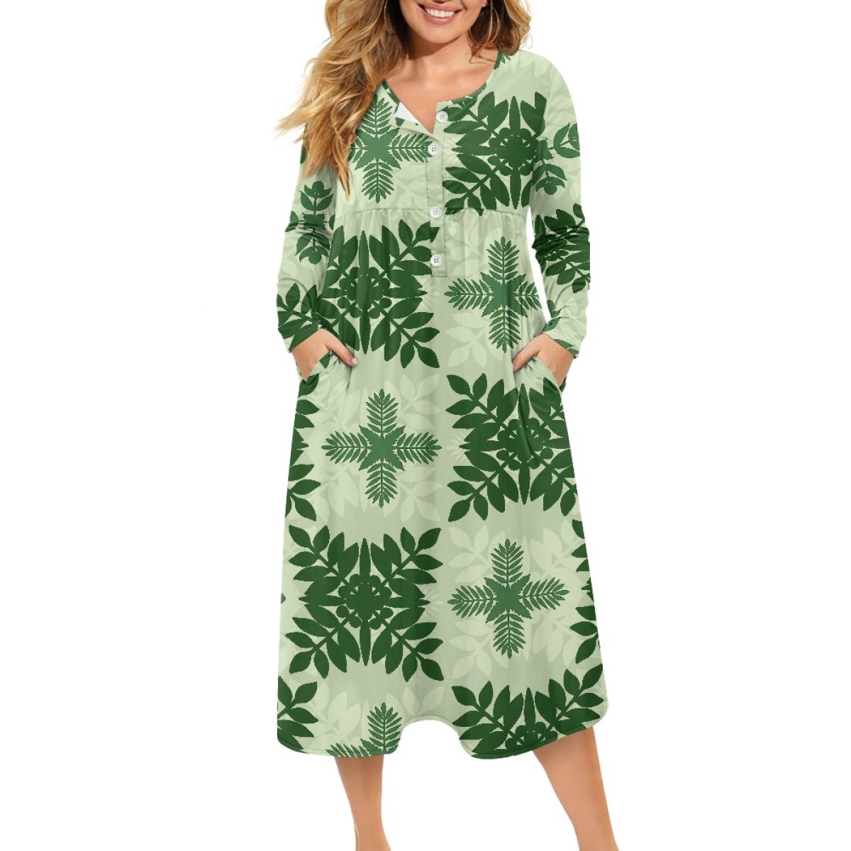 Print On Demand Elegant Casual Dress For Women Custom Hawaiian Fabrics Plus Size Loose Ladies V-Neck Button Dress