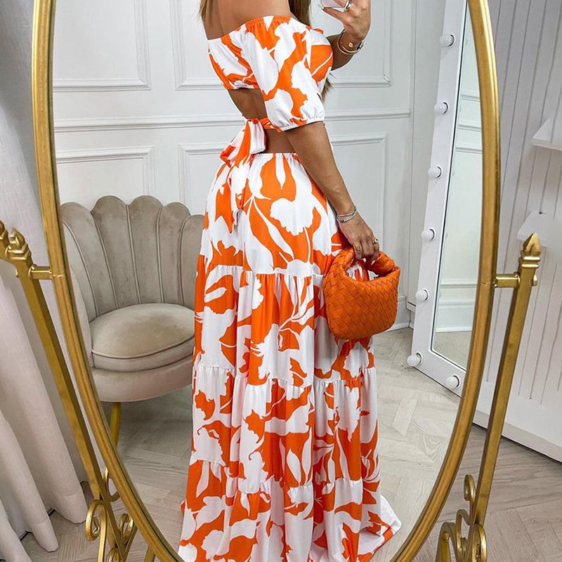 2024 European Fashion Slim Summer Women Dresses Hollow Out Floral Printing Long Off The Shoulder Casual Dress For Women