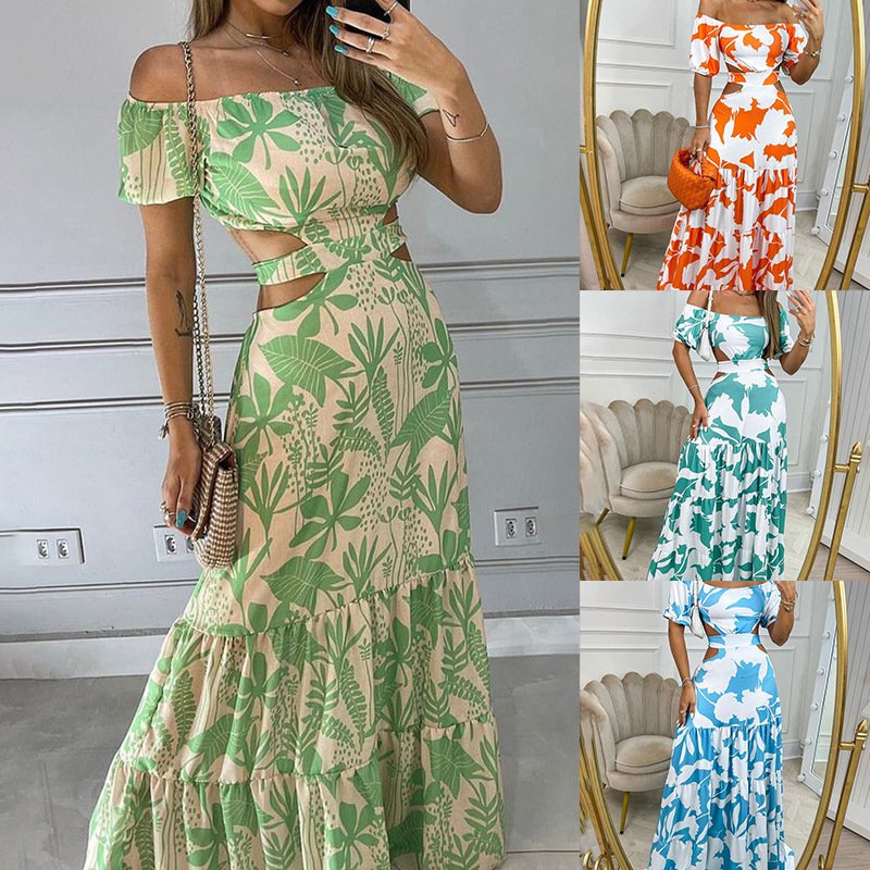 2024 European Fashion Slim Summer Women Dresses Hollow Out Floral Printing Long Off The Shoulder Casual Dress For Women