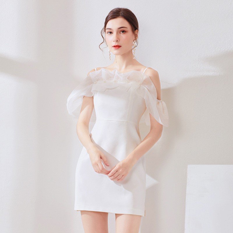 Summer new white mesh gentle temperament skirt women's high waist strap patchwork dress
