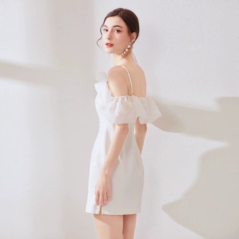 Summer new white mesh gentle temperament skirt women's high waist strap patchwork dress