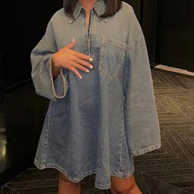 Streetwear Unique Fall Spring Sexy Design Casual Long Sleeve Mini Jean Skirts Denim Blouse Dress Women'S Skirts Casual Dresses
