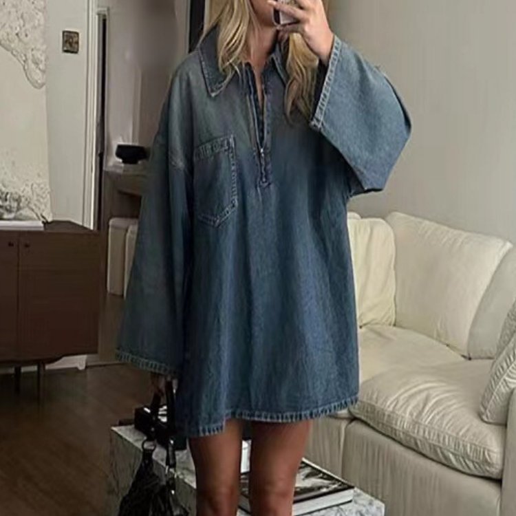 Streetwear Unique Fall Spring Sexy Design Casual Long Sleeve Mini Jean Skirts Denim Blouse Dress Women'S Skirts Casual Dresses